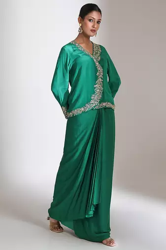 Emerald green embroidered crepe cross jacket skirt set