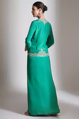 Emerald green embroidered crepe cross jacket skirt set