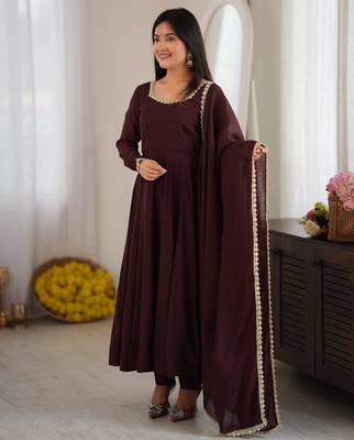 Dark brown mal chandri  party  embroidery wear  anarkali suit set 2