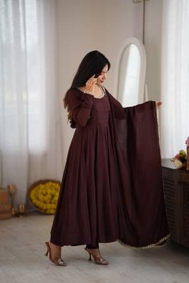 Dark brown mal chandri  party  embroidery wear  anarkali suit set 3