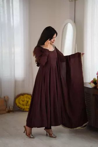 Dark brown mal chandri  party  embroidery wear  anarkali suit set