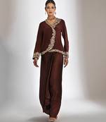 Brown embroidered crepe cross jacket skirt set