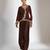 Brown embroidered crepe cross jacket skirt set