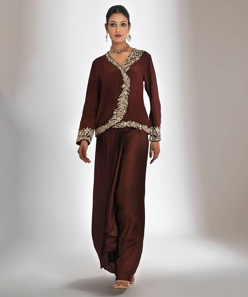 Brown embroidered crepe cross jacket skirt set