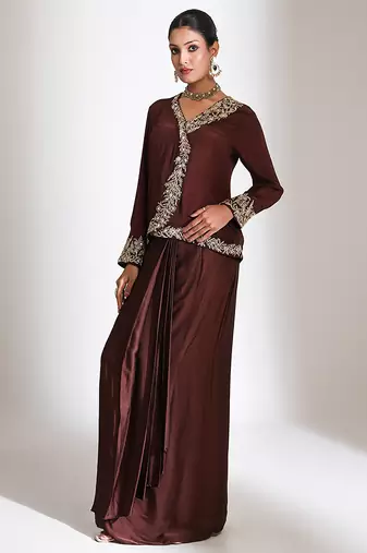 Brown embroidered crepe cross jacket skirt set