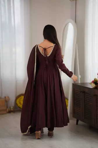 Dark brown mal chandri  party  embroidery wear  anarkali suit set