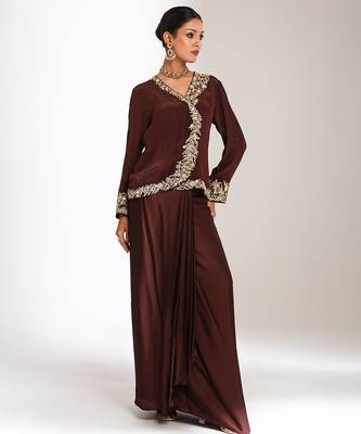 Brown embroidered crepe cross jacket skirt set 3