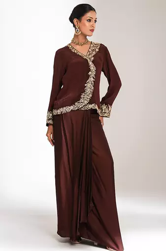 Brown embroidered crepe cross jacket skirt set