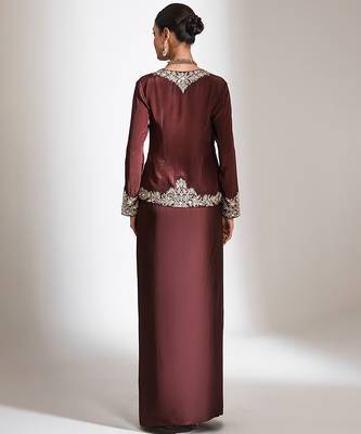 Brown embroidered crepe cross jacket skirt set 4