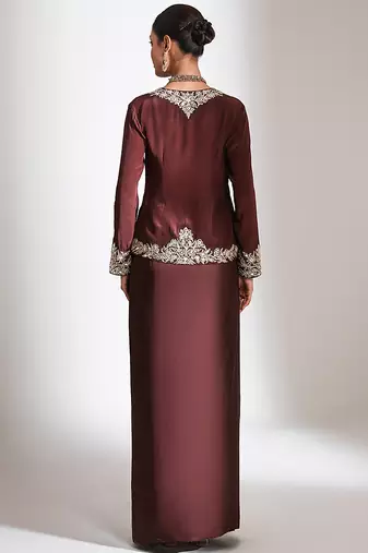 Brown embroidered crepe cross jacket skirt set