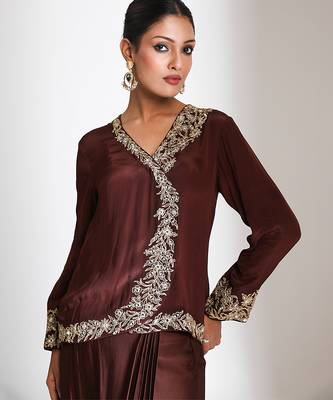 Brown embroidered crepe cross jacket skirt set 5