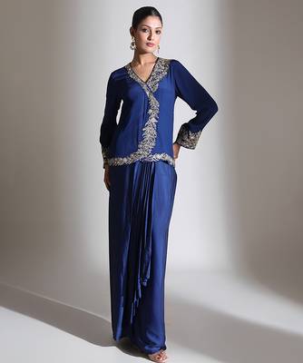 Blue embroidered crepe cross jacket skirt set 1