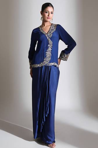 Blue embroidered crepe cross jacket skirt set