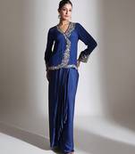 Blue embroidered crepe cross jacket skirt set