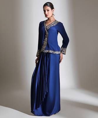 Blue embroidered crepe cross jacket skirt set 2