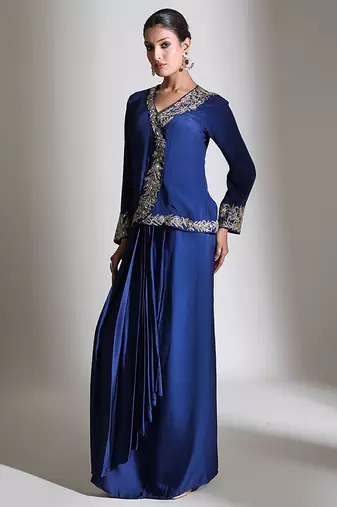 Blue embroidered crepe cross jacket skirt set