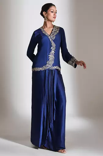 Blue embroidered crepe cross jacket skirt set