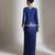 Blue embroidered crepe cross jacket skirt set