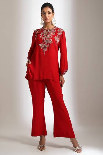 Red embroidered crepe co ord set