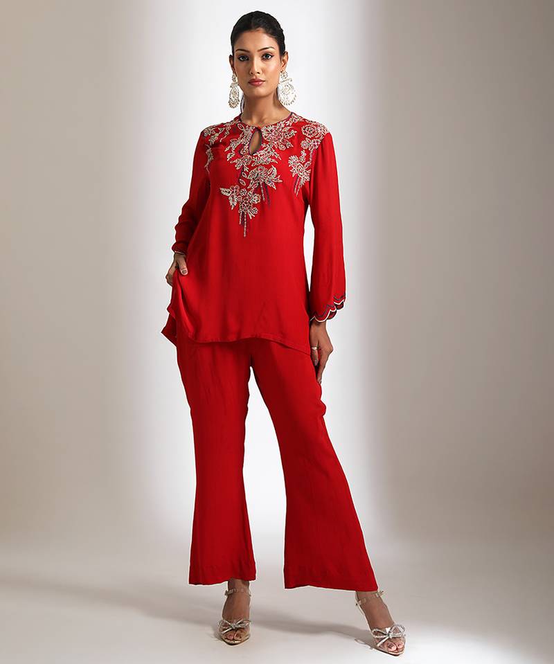 Red embroidered crepe co ord set