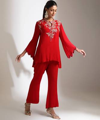 Red embroidered crepe co ord set 2