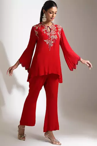 Red embroidered crepe co ord set