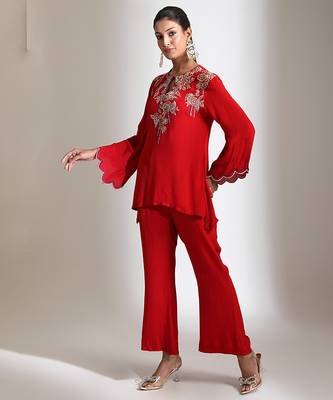 Red embroidered crepe co ord set 3