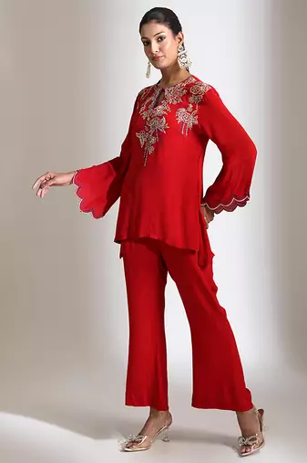 Red embroidered crepe co ord set