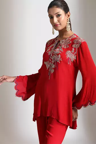 Red embroidered crepe co ord set