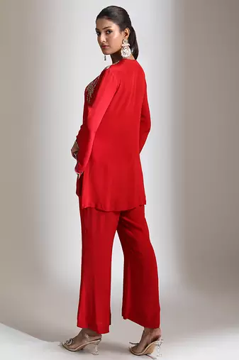 Red embroidered crepe co ord set