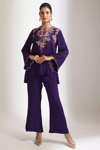 Purple embroidered crepe co ord set