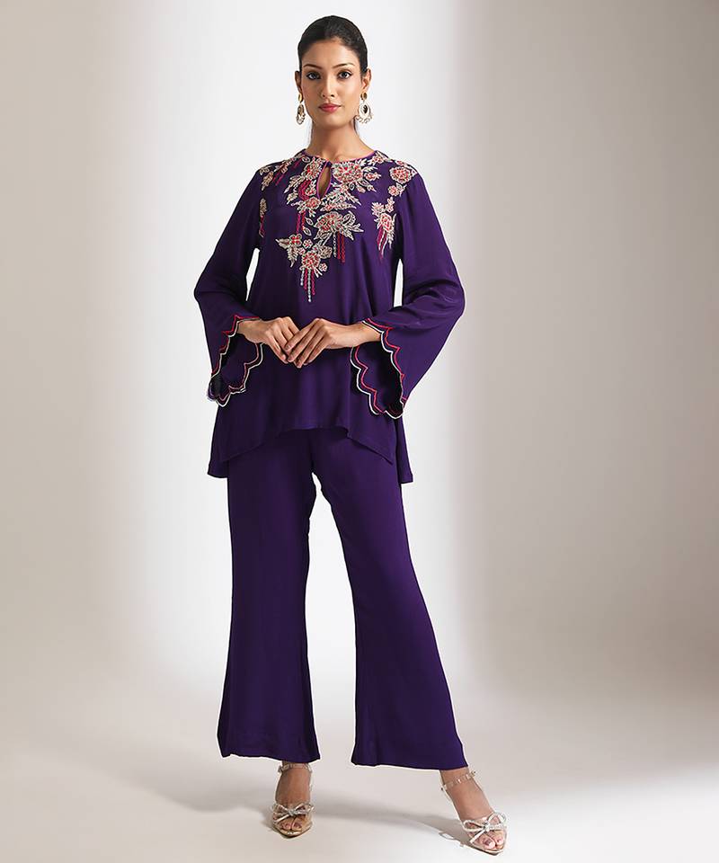 Purple embroidered crepe co ord set