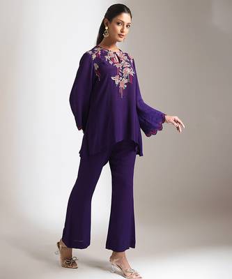 Purple embroidered crepe co ord set 2