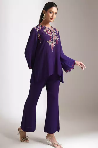 Purple embroidered crepe co ord set