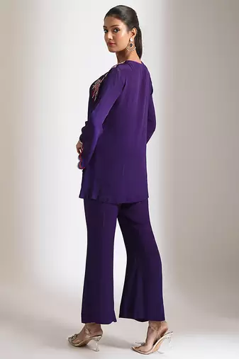 Purple embroidered crepe co ord set