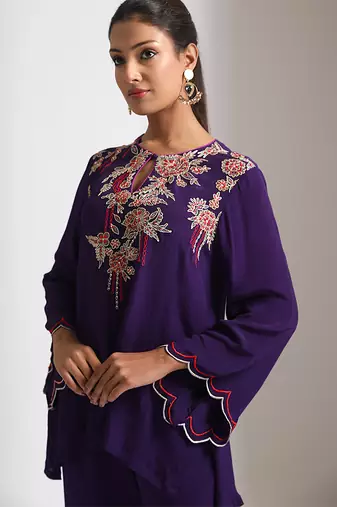 Purple embroidered crepe co ord set