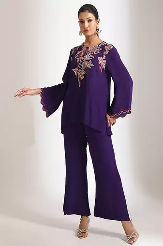 Purple embroidered crepe co ord set