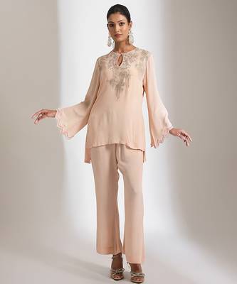 Peach embroidered crepe co ord set 1