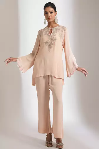 Peach embroidered crepe co ord set