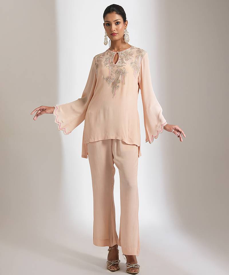 Peach embroidered crepe co ord set