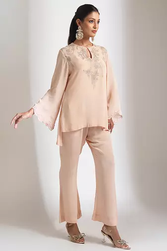 Peach embroidered crepe co ord set