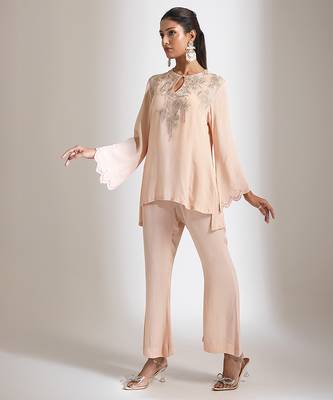 Peach embroidered crepe co ord set 3