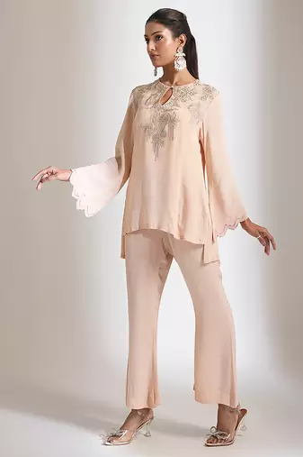 Peach embroidered crepe co ord set