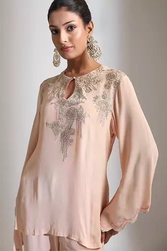Peach embroidered crepe co ord set