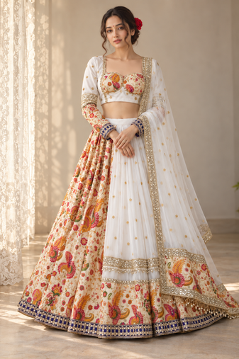 White Color Sequins,Foil Mirror,Zari Gotta Satin With Print Work Faux Georgette Lehenga Choli 