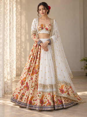 White Color Sequins,Foil Mirror,Zari Gotta Satin With Print Work Faux Georgette Lehenga Choli  1