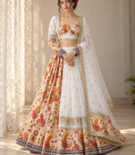 White Color Sequins,Foil Mirror,Zari Gotta Satin With Print Work Faux Georgette Lehenga Choli 