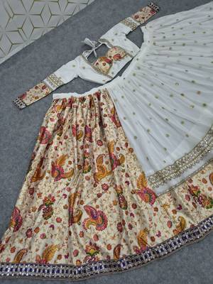 White Color Sequins,Foil Mirror,Zari Gotta Satin With Print Work Faux Georgette Lehenga Choli  3