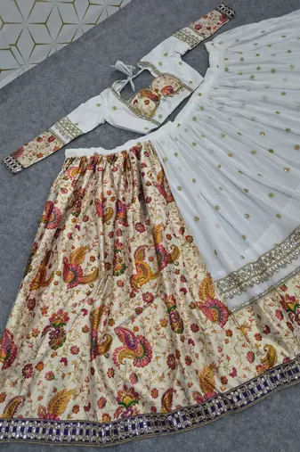 White Color Sequins,Foil Mirror,Zari Gotta Satin With Print Work Faux Georgette Lehenga Choli 