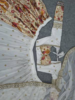 White Color Sequins,Foil Mirror,Zari Gotta Satin With Print Work Faux Georgette Lehenga Choli  4